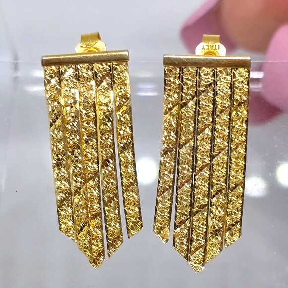 Vintage 14k Herringbone Chain Floral Pattern Chevron Dangle Italy Earrings - Picture 10 of 15